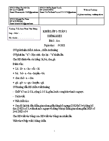 Kế hoạch bài dạy môn Tiếng Việt Lớp 1 - Tuần 1 - Năm học 2021-2022 - Trường Tiểu học Phan Văn Đáng