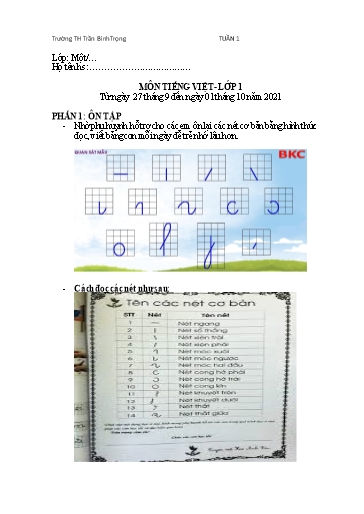 Kế hoạch bài dạy môn Tiếng Việt Lớp 1 - Tuần 1+2 - Năm học 2021-2022 - Trường Tiểu học Trần Bình Trọng