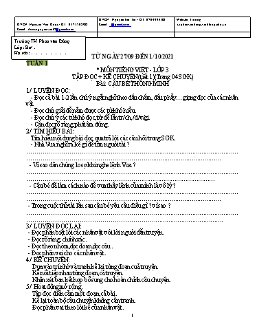 Kế hoạch bài dạy môn Tiếng Việt Lớp 3 - Tuần 1+2 - Năm học 2021-2022 - Trường Tiểu học Phan Văn Đáng