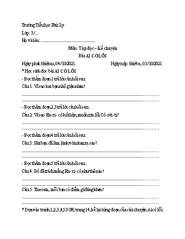 Kế hoạch bài dạy môn Tiếng Việt Lớp 3 - Tuần 2 - Năm học 2021-2022 - Trường Tiểu học Phù Ly