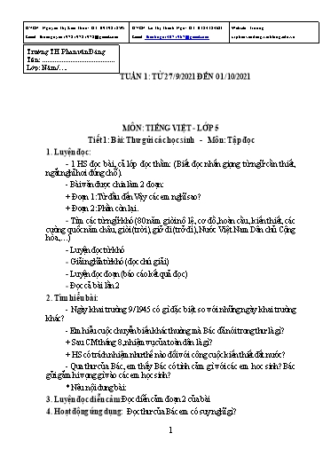 Kế hoạch bài dạy môn Tiếng Việt Lớp 5 - Tuần 1+2 - Năm học 2021-2022 - Trường Tiểu học Phan Văn Đáng