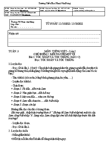 Kế hoạch bài dạy môn Tiếng Việt + Toán Lớp 2 - Tuần 3 - Năm học 2021-2022 - Trường Tiểu học Phan Văn Đáng