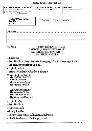 Kế hoạch bài dạy môn Tiếng Việt + Toán Lớp 2 - Tuần 4 - Năm học 2021-2022 - Trường Tiểu học Phan Văn Đáng