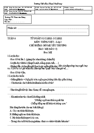 Kế hoạch bài dạy môn Tiếng Việt + Toán Lớp 2 - Tuần 6 - Năm học 2021-2022 - Trường Tiểu học Phan Văn Đáng