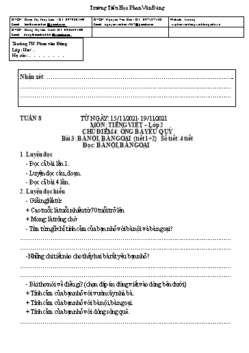 Kế hoạch bài dạy môn Tiếng Việt + Toán Lớp 2 - Tuần 8 - Năm học 2021-2022 - Trường Tiểu học Phan Văn Đáng