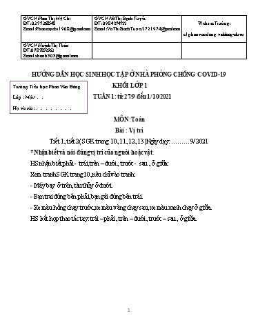 Kế hoạch bài dạy môn Toán học Lớp 1 - Tuần 1+2 - Năm học 2021-2022 - Trường Tiểu học Phan Văn Đáng