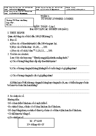 Kế hoạch bài dạy môn Toán học Lớp 2 - Tuần 1 - Năm học 2021-2022 - Trường Tiểu học Phan Văn Đáng