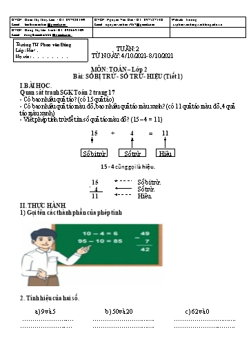 Kế hoạch bài dạy môn Toán học Lớp 2 - Tuần 2 - Năm học 2021-2022 - Trường Tiểu học Phan Văn Đáng