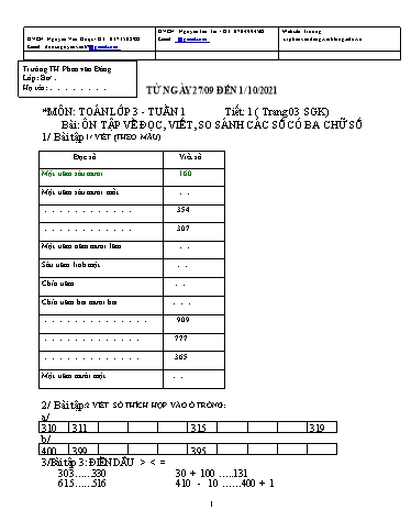 Kế hoạch bài dạy môn Toán + Tiếng Việt Lớp 3 - Tuần 1 - Năm học 2021-2022 - Trường Tiểu học Phan Văn Đáng