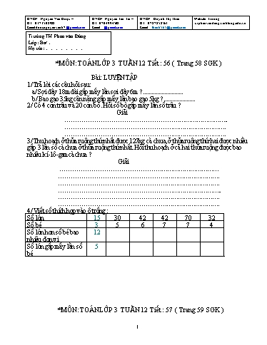 Kế hoạch bài dạy môn Toán + Tiếng Việt Lớp 3 - Tuần 12 - Năm học 2021-2022 - Trường Tiểu học Phan Văn Đáng
