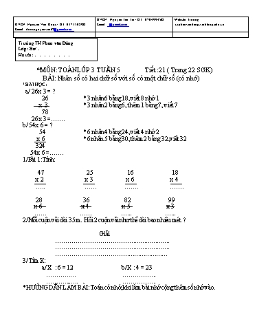 Kế hoạch bài dạy môn Toán + Tiếng Việt Lớp 3 - Tuần 5 - Năm học 2021-2022 - Trường Tiểu học Phan Văn Đáng