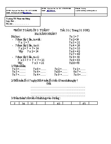 Kế hoạch bài dạy môn Toán + Tiếng Việt Lớp 3 - Tuần 7 - Năm học 2021-2022 - Trường Tiểu học Phan Văn Đáng