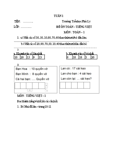 Kế hoạch bài dạy môn Toán + Tiếng Việt Lớp 5 - Tuần 1 - Năm học 2021-2022 - Trường Tiểu học Phù Ly