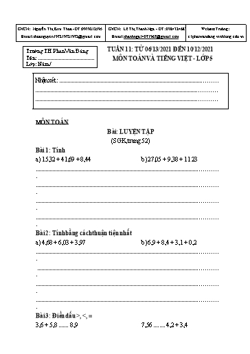 Kế hoạch bài dạy môn Toán + Tiếng Việt Lớp 5 - Tuần 11 - Năm học 2021-2022 - Trường Tiểu học Phan Văn Đáng