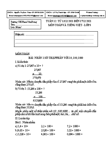 Kế hoạch bài dạy môn Toán + Tiếng Việt Lớp 5 - Tuần 12 - Năm học 2021-2022 - Trường Tiểu học Phan Văn Đáng