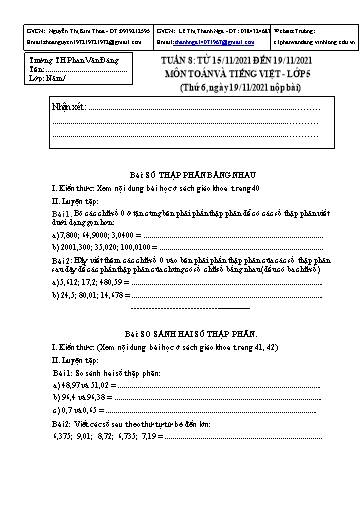 Kế hoạch bài dạy môn Toán + Tiếng Việt Lớp 5 - Tuần 8 - Năm học 2021-2022 - Trường Tiểu học Phan Văn Đáng
