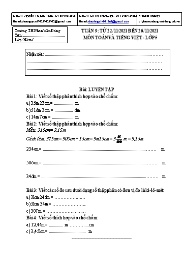 Kế hoạch bài dạy môn Toán + Tiếng Việt Lớp 5 - Tuần 9 - Năm học 2021-2022 - Trường Tiểu học Phan Văn Đáng