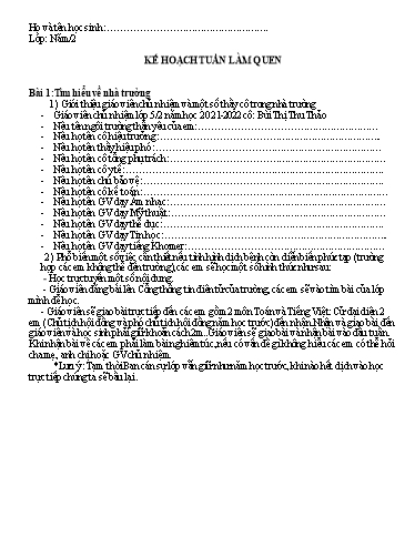 Kế hoạch bài dạy môn Toán + Tiếng Việt Lớp 5 - Tuần làm quen - Năm học 2021-2022 - Trường Tiểu học Phù Ly
