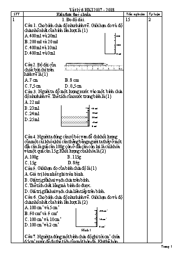 Ngân hàng câu hỏi đề thi học kỳ 1 môn Vật lý Lớp 6 - Năm học 2017-2018