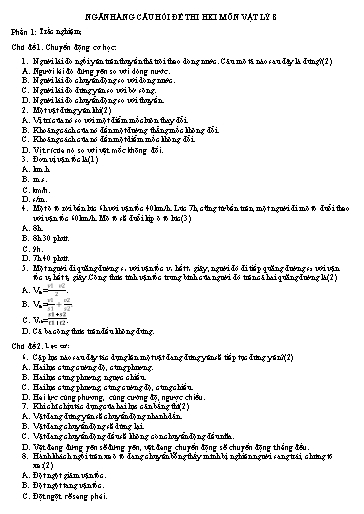 Ngân hàng câu hỏi đề thi học kỳ 1 môn Vật lý Lớp 8 (Trắc nghiệm + Tự luận) - Lê Thanh Nhàn