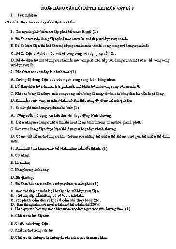 Ngân hàng câu hỏi đề thi học kỳ 1 môn Vật lý Lớp 9 (Trắc nghiệm + Tự luận) - Lê Thanh Nhàn