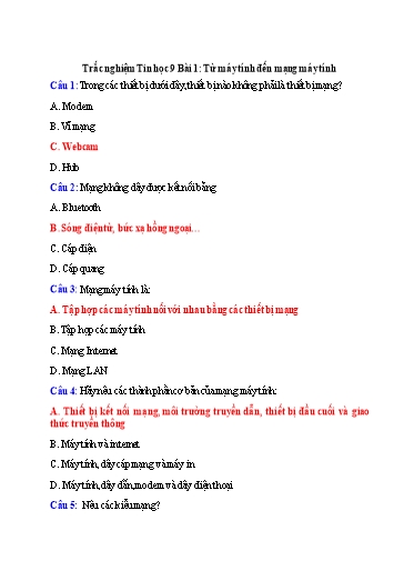 Ngân hàng câu hỏi trắc nghiệm môn Tin học Lớp 9 - Bài 1 đến 6 (Có đáp án)