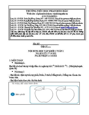 Nội dung tự học các môn Lớp 1 - Tuần 1 (Kế hoạch làm quen + Đáp án) - Năm học 2021-2022 - Trường Tiểu học Phan Bội Châu