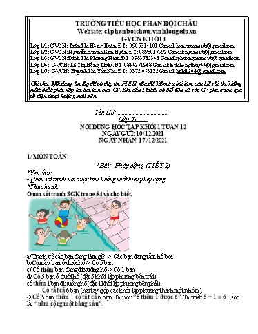Nội dung tự học các môn Lớp 1 - Tuần 12 (Có đáp án) - Năm học 2021-2022 - Trường Tiểu học Phan Bội Châu