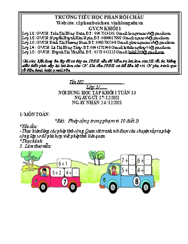 Nội dung tự học các môn Lớp 1 - Tuần 13 (Có đáp án) - Năm học 2021-2022 - Trường Tiểu học Phan Bội Châu