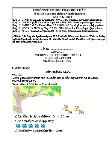Nội dung tự học các môn Lớp 1 - Tuần 14 (Có đáp án) - Năm học 2021-2022 - Trường Tiểu học Phan Bội Châu