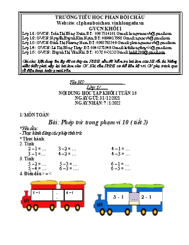Nội dung tự học các môn Lớp 1 - Tuần 15 (Có đáp án) - Năm học 2021-2022 - Trường Tiểu học Phan Bội Châu