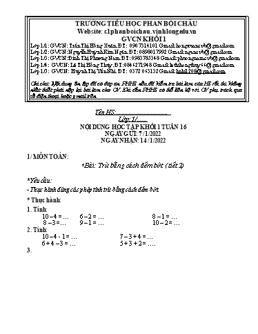 Nội dung tự học các môn Lớp 1 - Tuần 16 (Có đáp án) - Năm học 2021-2022 - Trường Tiểu học Phan Bội Châu