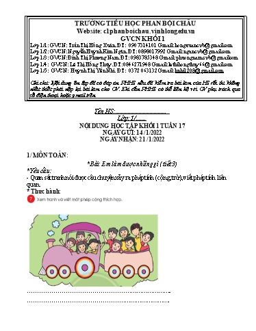 Nội dung tự học các môn Lớp 1 - Tuần 17 (Có đáp án) - Năm học 2021-2022 - Trường Tiểu học Phan Bội Châu
