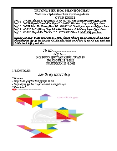 Nội dung tự học các môn Lớp 1 - Tuần 18 (Có đáp án) - Năm học 2021-2022 - Trường Tiểu học Phan Bội Châu