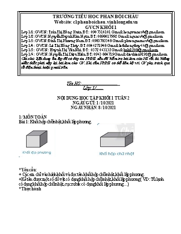 Nội dung tự học các môn Lớp 1 - Tuần 2 (Có đáp án) - Năm học 2021-2022 - Trường Tiểu học Phan Bội Châu
