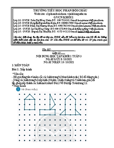 Nội dung tự học các môn Lớp 1 - Tuần 3 (Có đáp án) - Năm học 2021-2022 - Trường Tiểu học Phan Bội Châu