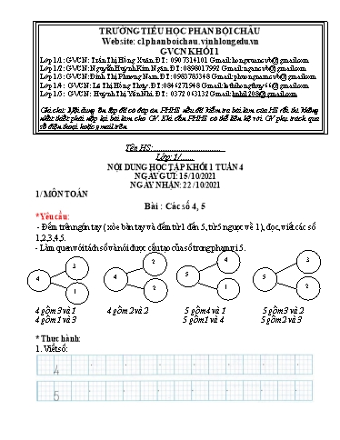 Nội dung tự học các môn Lớp 1 - Tuần 4 (Có đáp án) - Năm học 2021-2022 - Trường Tiểu học Phan Bội Châu