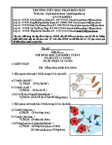 Nội dung tự học các môn Lớp 1 - Tuần 5 (Có đáp án) - Năm học 2021-2022 - Trường Tiểu học Phan Bội Châu