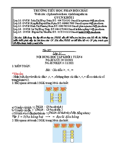 Nội dung tự học các môn Lớp 1 - Tuần 6 (Có đáp án) - Năm học 2021-2022 - Trường Tiểu học Phan Bội Châu