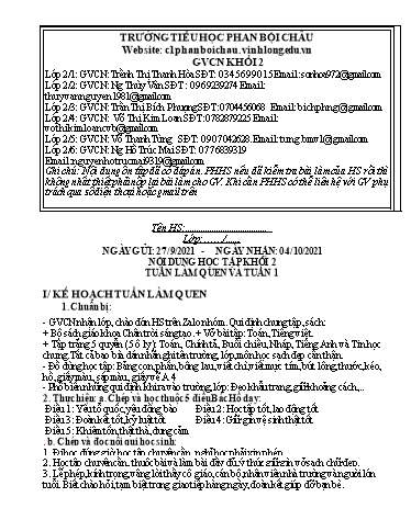Nội dung tự học các môn Lớp 2 - Tuần 1 (Có đáp án) - Năm học 2021-2022 - Trường Tiểu học Phan Bội Châu