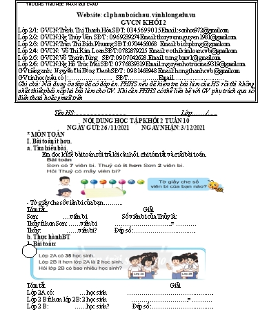 Nội dung tự học các môn Lớp 2 - Tuần 10 (Có đáp án) - Năm học 2021-2022 - Trường Tiểu học Phan Bội Châu