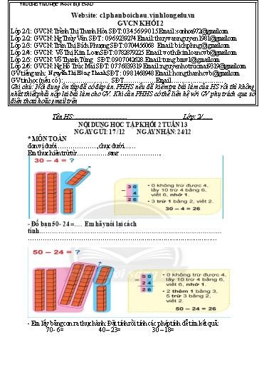 Nội dung tự học các môn Lớp 2 - Tuần 13 (Có đáp án) - Năm học 2021-2022 - Trường Tiểu học Phan Bội Châu