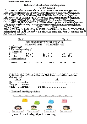 Nội dung tự học các môn Lớp 2 - Tuần 14 (Có đáp án) - Năm học 2021-2022 - Trường Tiểu học Phan Bội Châu