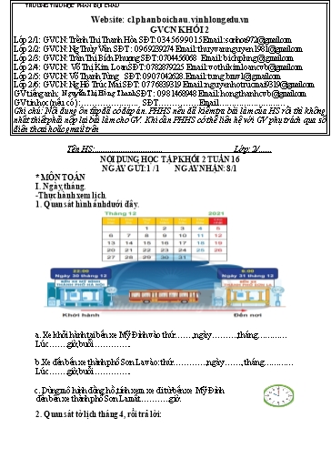 Nội dung tự học các môn Lớp 2 - Tuần 16 (Có đáp án) - Năm học 2021-2022 - Trường Tiểu học Phan Bội Châu