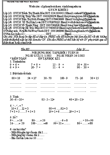 Nội dung tự học các môn Lớp 2 - Tuần 18 (Có đáp án) - Năm học 2021-2022 - Trường Tiểu học Phan Bội Châu