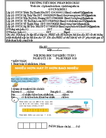 Nội dung tự học các môn Lớp 2 - Tuần 2 (Có đáp án) - Năm học 2021-2022 - Trường Tiểu học Phan Bội Châu