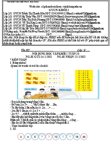 Nội dung tự học các môn Lớp 2 - Tuần 20 (Có đáp án) - Năm học 2021-2022 - Trường Tiểu học Phan Bội Châu