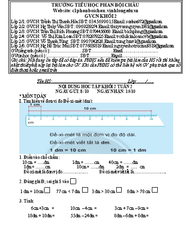 Nội dung tự học các môn Lớp 2 - Tuần 3 (Có đáp án) - Năm học 2021-2022 - Trường Tiểu học Phan Bội Châu