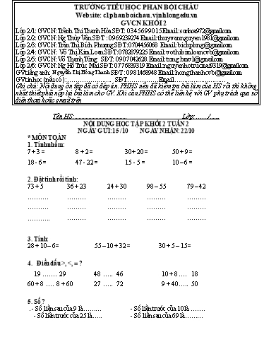 Nội dung tự học các môn Lớp 2 - Tuần 4 (Có đáp án) - Năm học 2021-2022 - Trường Tiểu học Phan Bội Châu