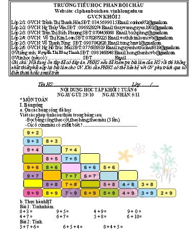 Nội dung tự học các môn Lớp 2 - Tuần 6 (Có đáp án) - Năm học 2021-2022 - Trường Tiểu học Phan Bội Châu